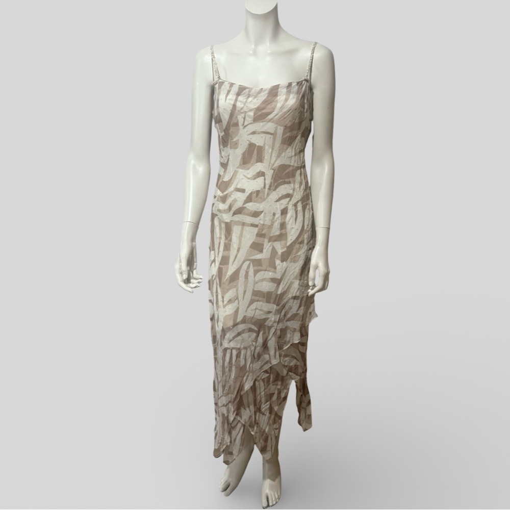 Vintage Y2K Eva Blue Neutral Dress Beaded Asymmetrical Maxi Ruffle Rayon Size 10